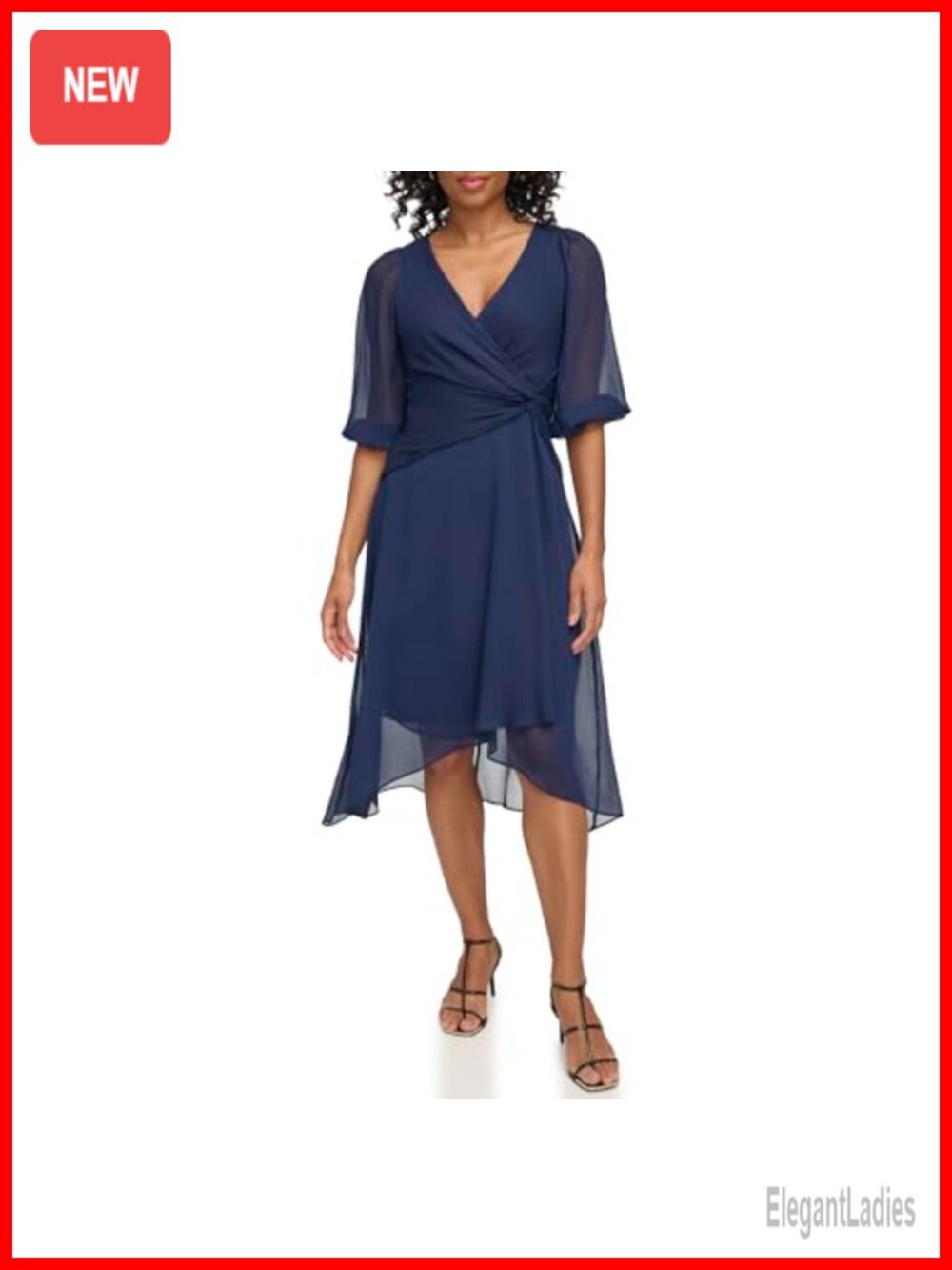DKNY Balloon Sleeve Twist Front Chiffon Midi Dress Fit & Flare